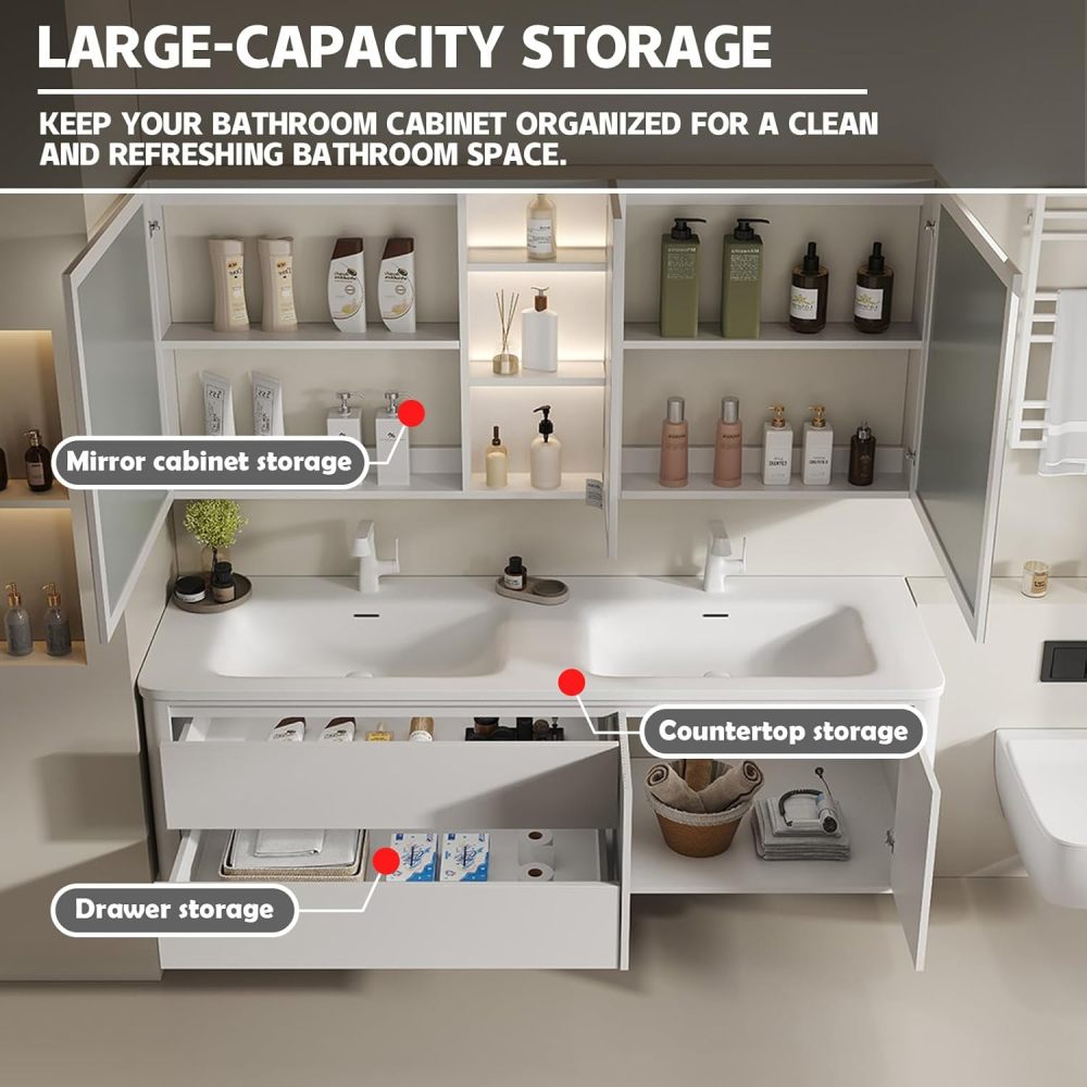 92IN Solid Wood Bathroom Vanity with Sink - Single Floating Sink Design, Retro Bathroom Vanity Cabinet with Smart Defog Mirror & Seamless Stone Sink& Ample Storage - Customizable Sizes