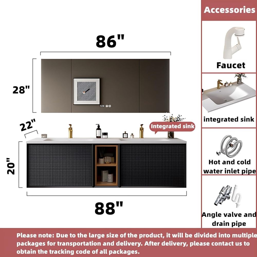 Bathroom Vanity with Sink - Modern Double Sink Bathroom Vanity Set | Floating Wall Mount | Includes LED Smart Defog Mirror/Mirror Cabinet | Solid Wood Cabinet with Drawers (A, 88")