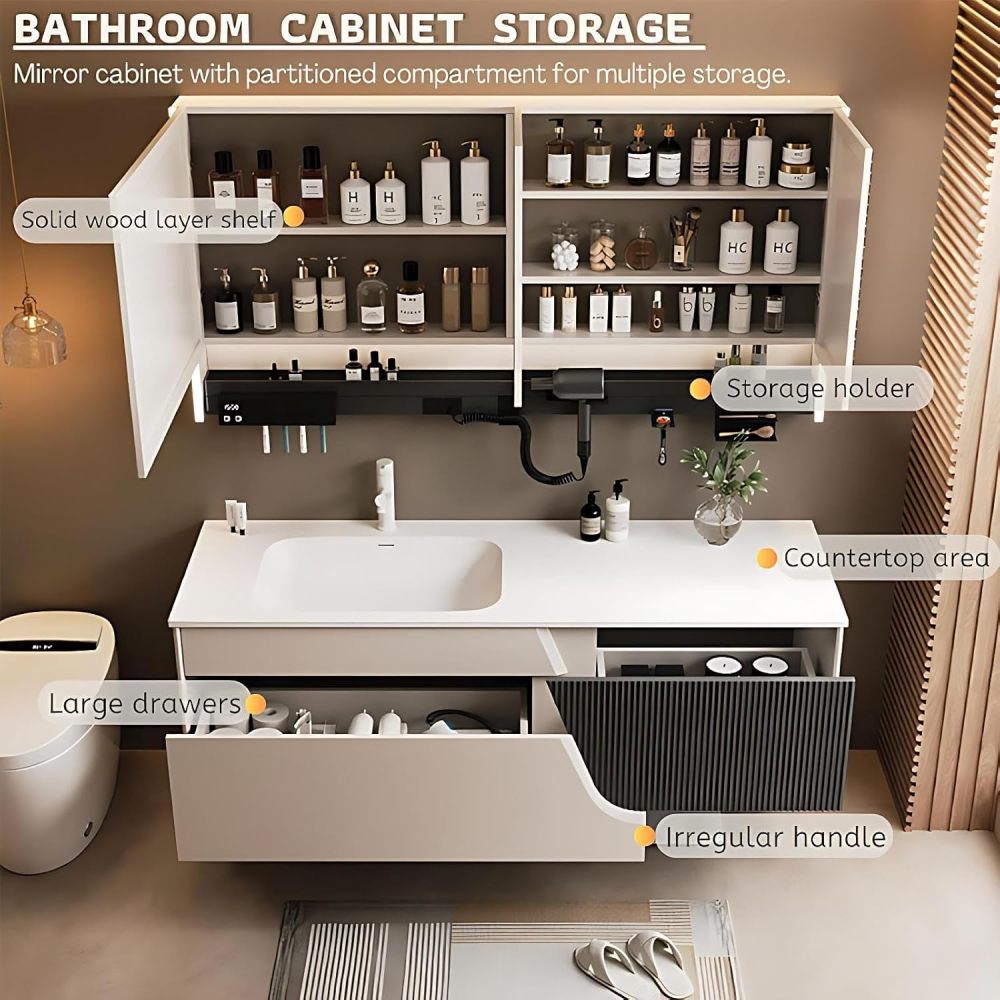 66IN Bathroom Vanity - Single Sink Vanity, Solid Wood, Striped Drawers, Includes Smart LED Mirror Cabinet and Storage Rack, Complete Accessorie, Fully Assembled, White