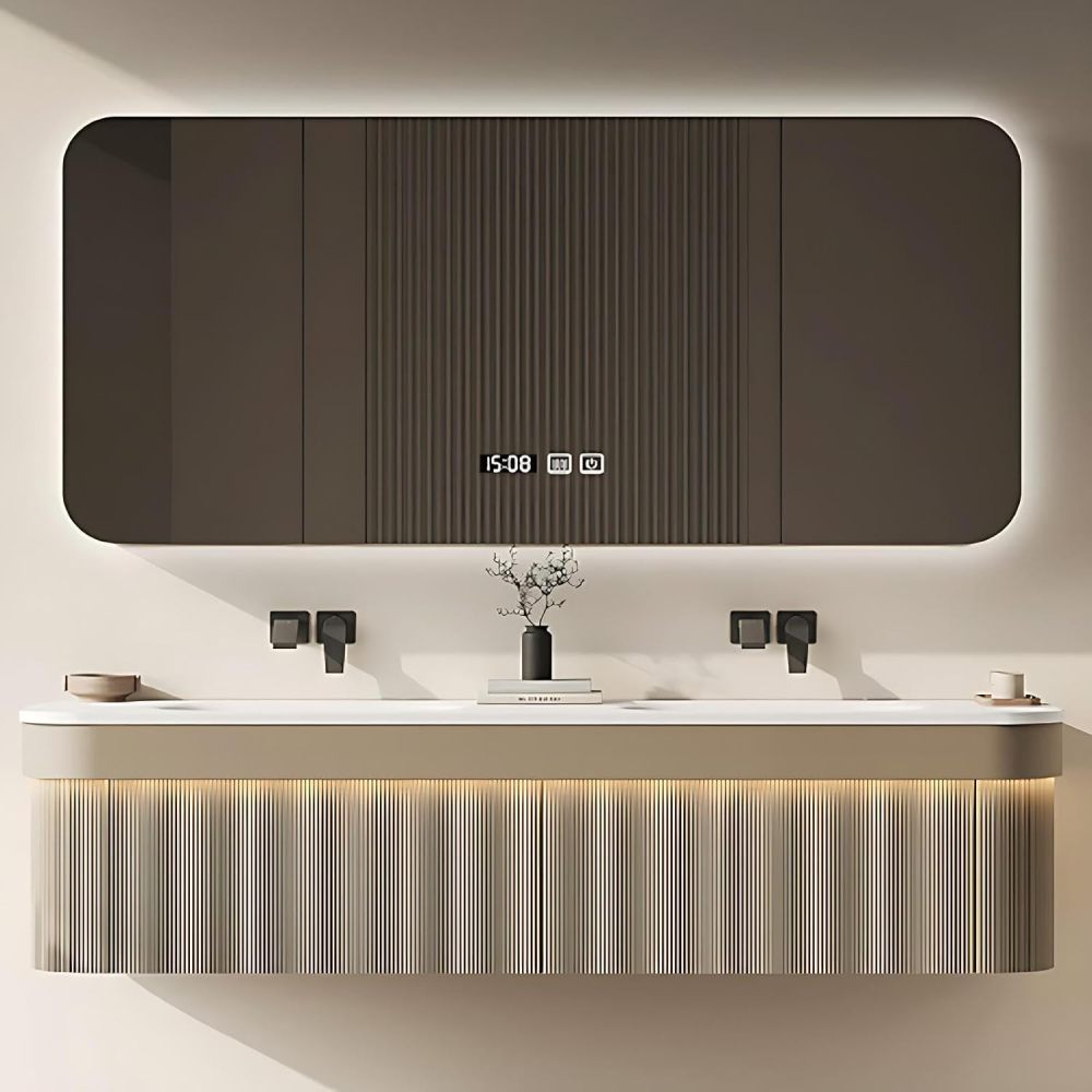 Modern 56IN Bathroom Vanity with Sink - Floating Single Sink Bathroom Vanity Cabinet with Drawers, Hidden Ambient Lights, Intelligent Defogging Mirror Cabinet, Sintered Stone Countertop