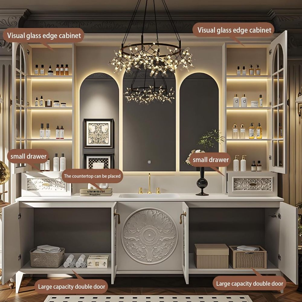 74 Inch Bathroom Vanity - Stylish Bathroom Vanity with Multiple Storage Areas, Popular Sink Cabinet with Smart Defog Mirror, Complete Accessories, No Assembly Required