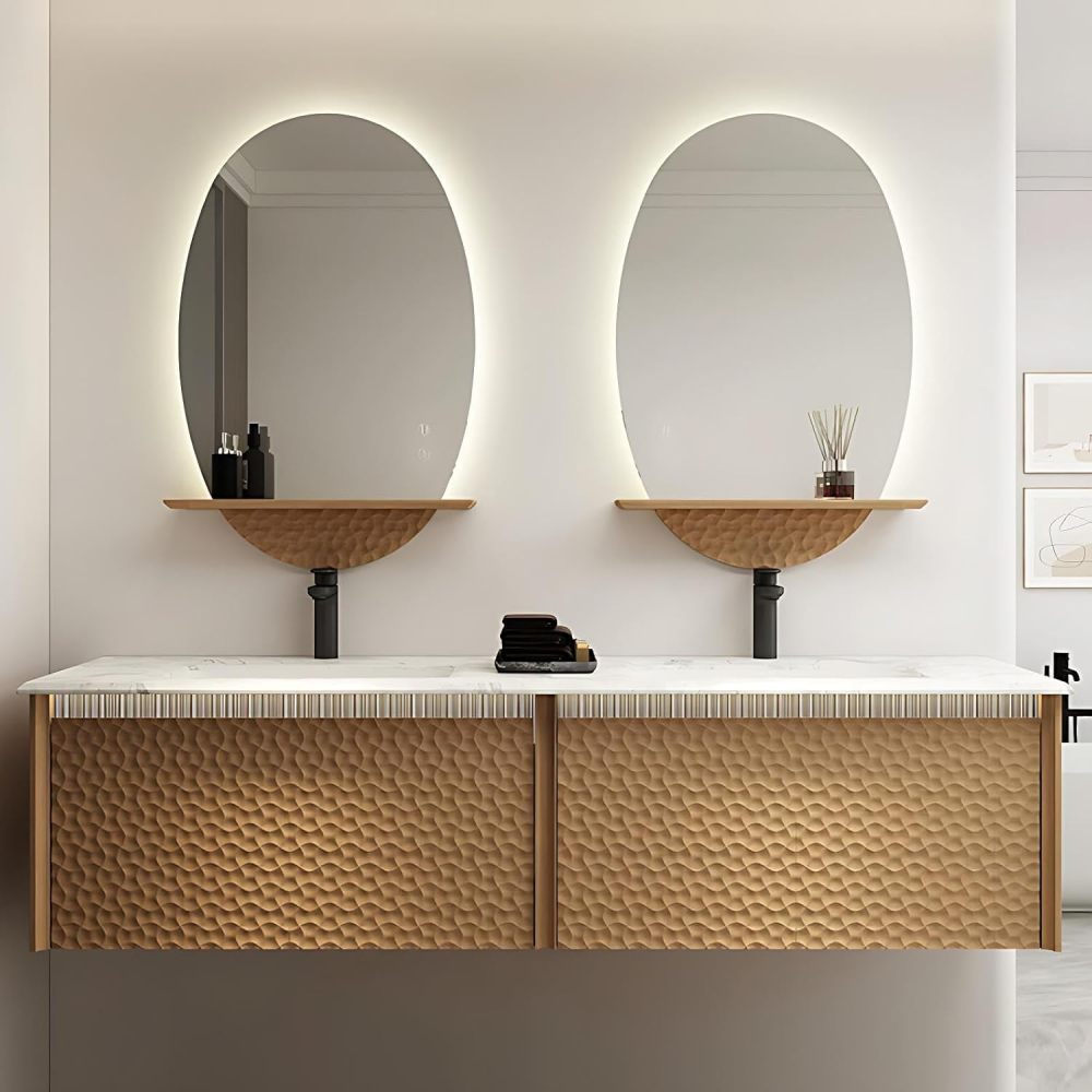 104IN Bathroom Vanity with Sink - Modern Floating Vanity with Two Drawers, Solid Wood Bathroom Sink Cabinet, Intelligent Defogging, Customizable Sizes - Complete Accessories, Brown
