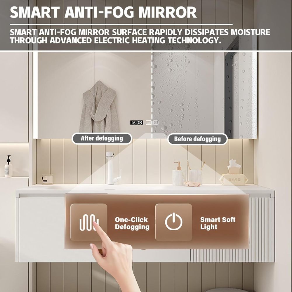 68IN Retro Solid Wood Bathroom Vanity with Sink - Stylish Bathroom Vanity Cabinet for Home Renovation, Single Floating Sink Design with Smart Defog Mirror, Ample Storage, White