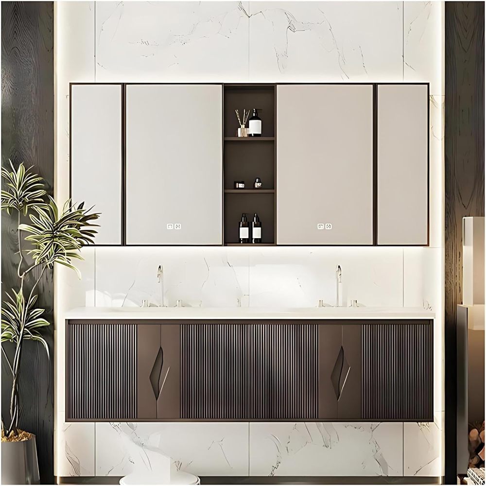 100IN Modern Bathroom Vanity with Sink - Luxury Bathroom Vanity Cabinet with Smart Anti-Fog Mirror, Double Floating Sink Design, Waterproof, Customizable Sizes - Easy to Install, Brown