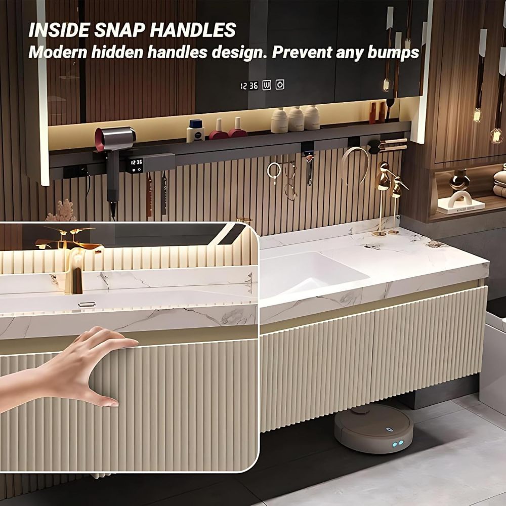 52 inch Bathroom Vanity - Single Sink Bathroom Vanity with Smart Defogging Mirror Set, Solid Wood, Sink Cabinet with Storage Drawer, Striped Design, Includes Accessories, Style B