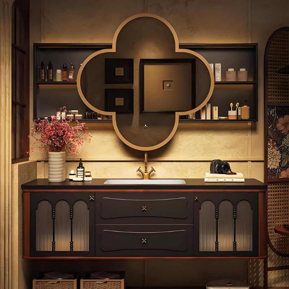 Bathroom Vanity with Sink - Wood Style Single Floating Sink Design, Wall-Mounted Bathroom Vanity with Smart Defogger Mirror, Sintered Stone Sink- Complete Accessories (98IN)