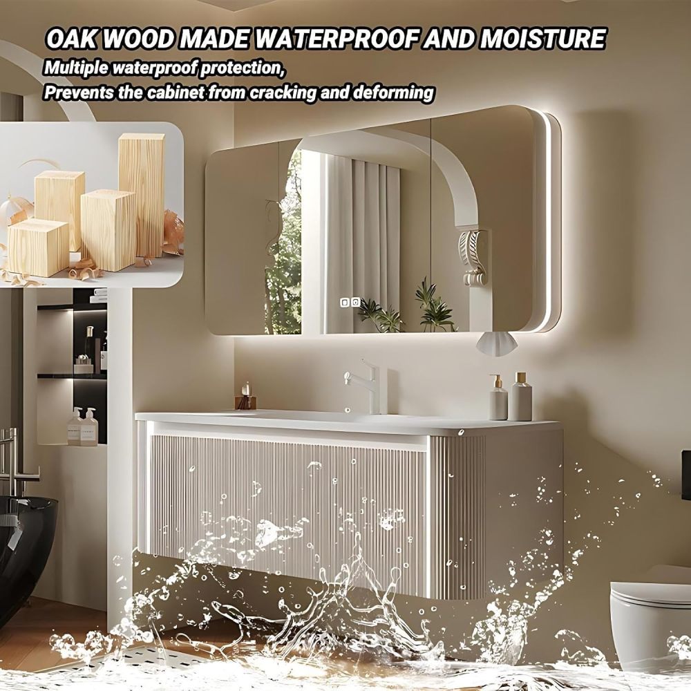 54 inch Bathroom Vanity with Sink - Solid Wood Bathroom Sink Cabinet with Large Countertop and Sensor Light, Smart Defogging Mirror Cabinet, Includes Accessories, Fully Assembled, White
