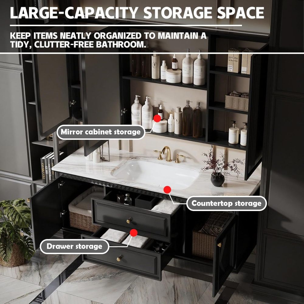 74IN Modern Solid Wood Bathroom Vanity with Sink - Single Floating Sink Design, Bathroom Vanity Cabinet with Smart Anti-Fog Mirror, One-Piece Stone Sink, Quiet Drawers, Gray