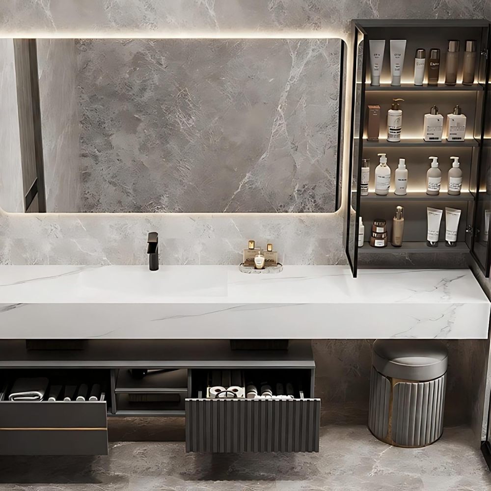 92IN Bathroom Vanity - Modern Bathroom Vanity with Multiple Storage Areas, Floating Sink Cabinet with Smart Defog Mirror, Includes Makeup Stool, No Assembly Required, Gray