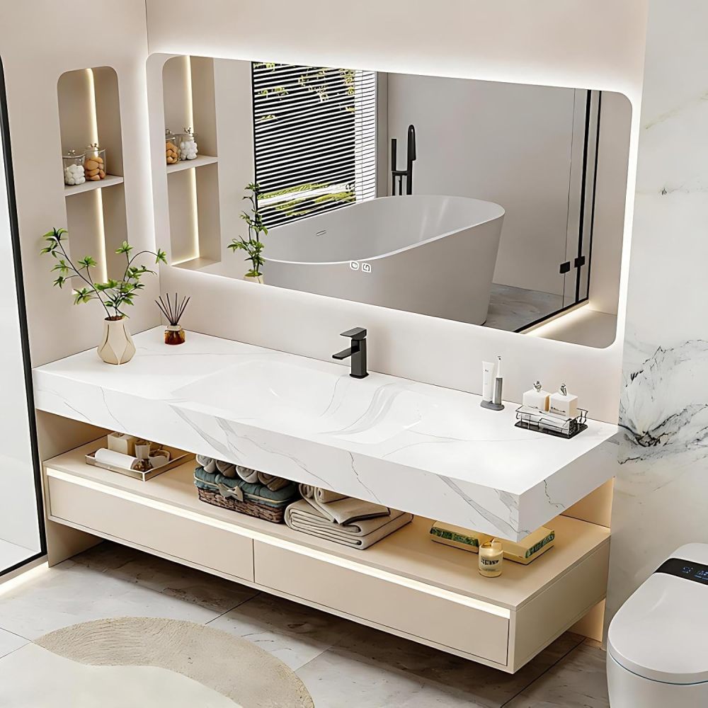 74IN Bathroom Vanity with Sink - Modern Floating Single Sink Vanity Cabinet & Defogger Mirror, One-Piece Sink Design, Solid Wood Waterproof, Motion-Sensitive Lighting, Customizable Sizes