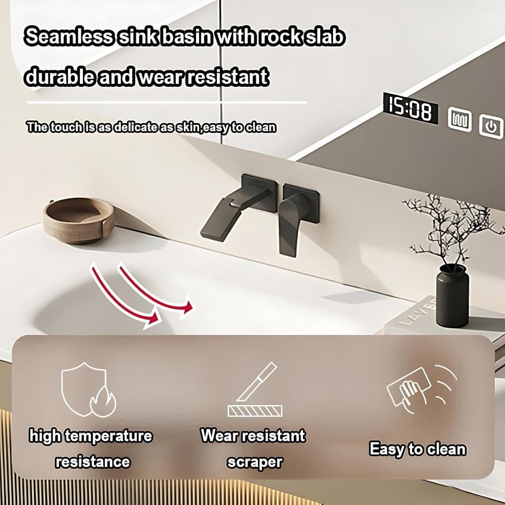 Modern 56IN Bathroom Vanity with Sink - Floating Single Sink Bathroom Vanity Cabinet with Drawers, Hidden Ambient Lights, Intelligent Defogging Mirror Cabinet, Sintered Stone Countertop
