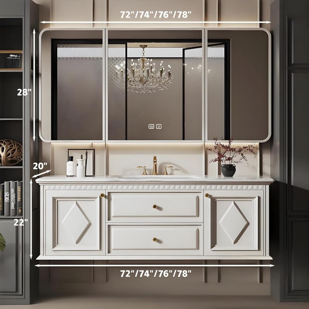 74IN Modern Solid Wood Bathroom Vanity with Sink - Single Floating Sink Design, Bathroom Vanity Cabinet with Smart Anti-Fog Mirror, One-Piece Stone Sink, Quiet Drawers, Gray