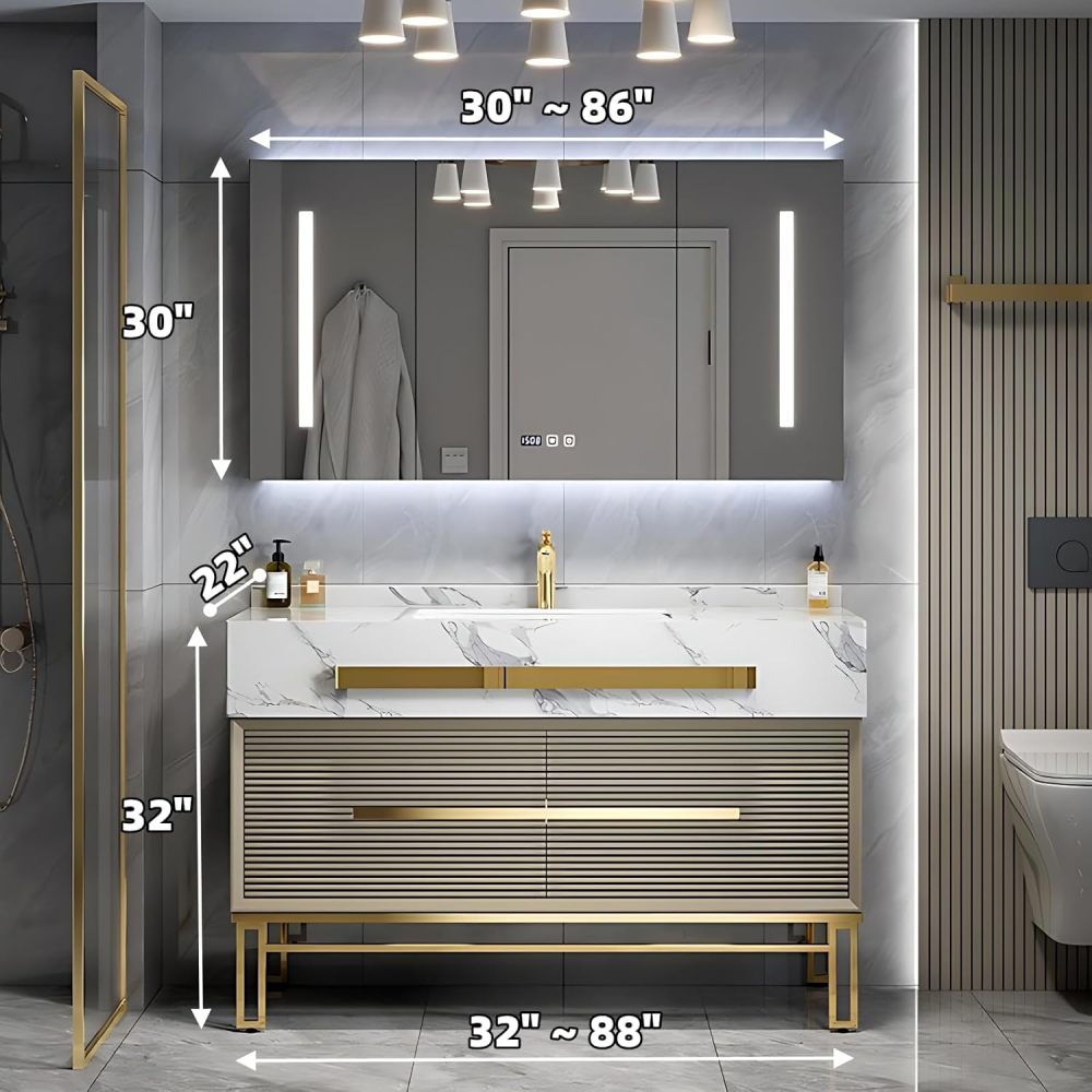 Bathroom Vanity with Sink - Modern Single/Double Sink Bathroom Vanity Cabinet & Smart Defogger Mirror Cabinet Set, Multi-Layer Solid Wood Material | Floor-Mounted Installation (Single Sink,36")