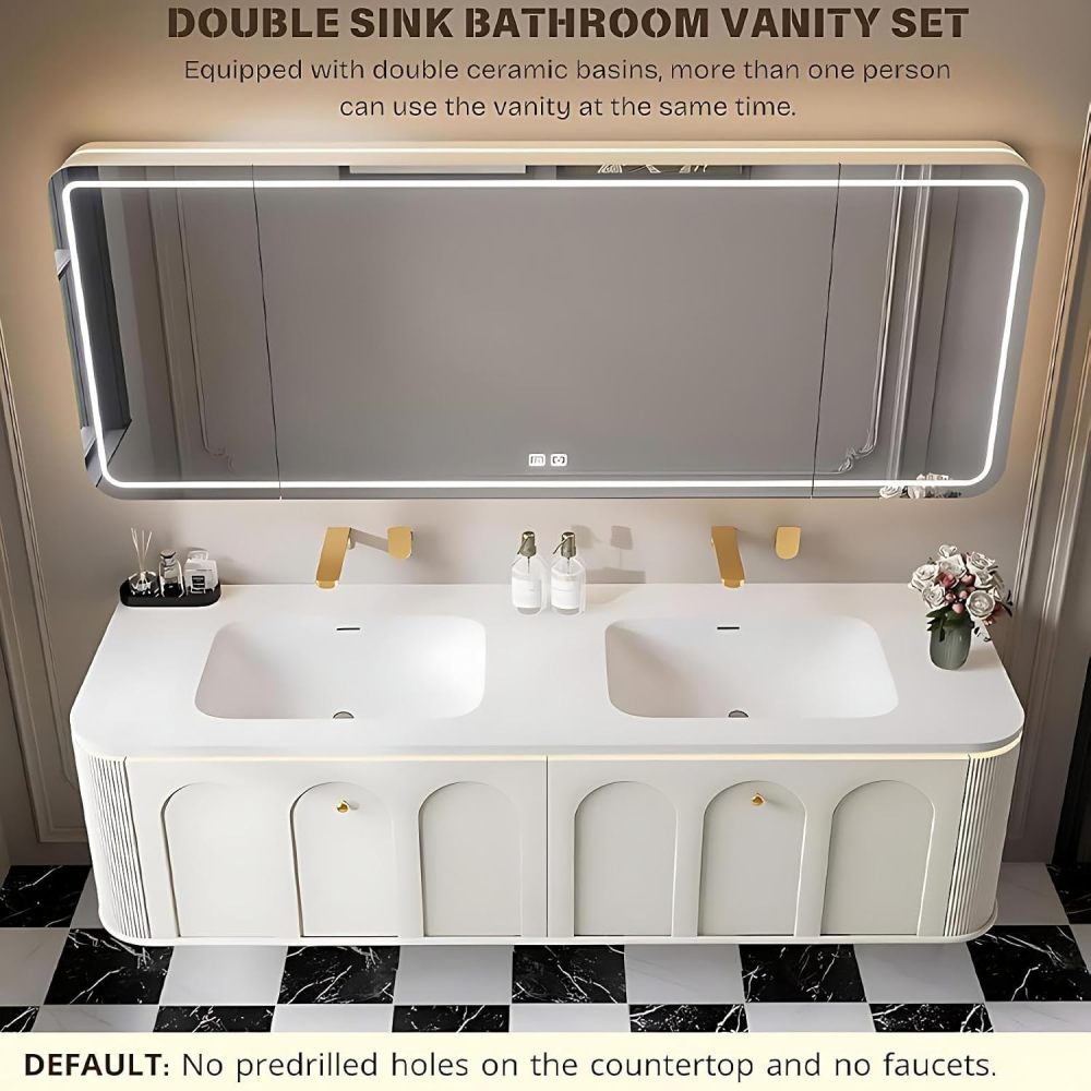 60IN Double Sink Bathroom Vanity - Elegant Bathroom Vanities with LED Smart Defogging Mirror Cabinet and One-Piece Sink, Motion Sensor Light, Solid Wood, Complete Accessorie, White