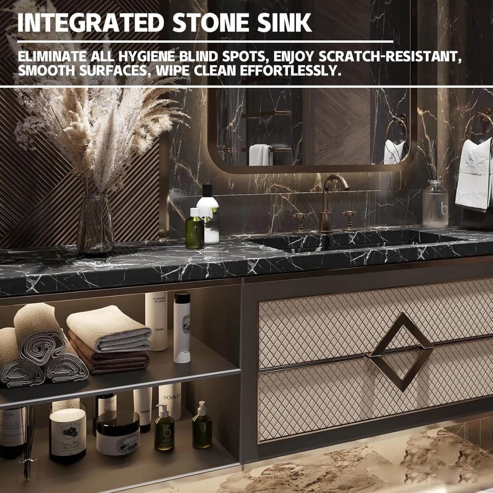 96IN Luxurious Bathroom Vanity with Sink - Single Floating Sink Design, Bathroom Vanity Cabinet with Smart Anti-Fog Mirror & 2 Drawers, Moisture-Resistant & Customizable Sizes, Brown