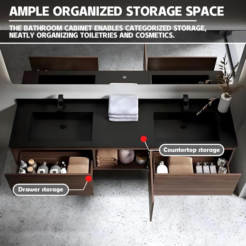 90IN Modern Bathroom Vanity with Sink - Double Floating Sink Design, Bathroom Vanity Cabinet with Smart Defogging Mirror & Storage Drawers, Solid Wood - Customizable Size, Brown