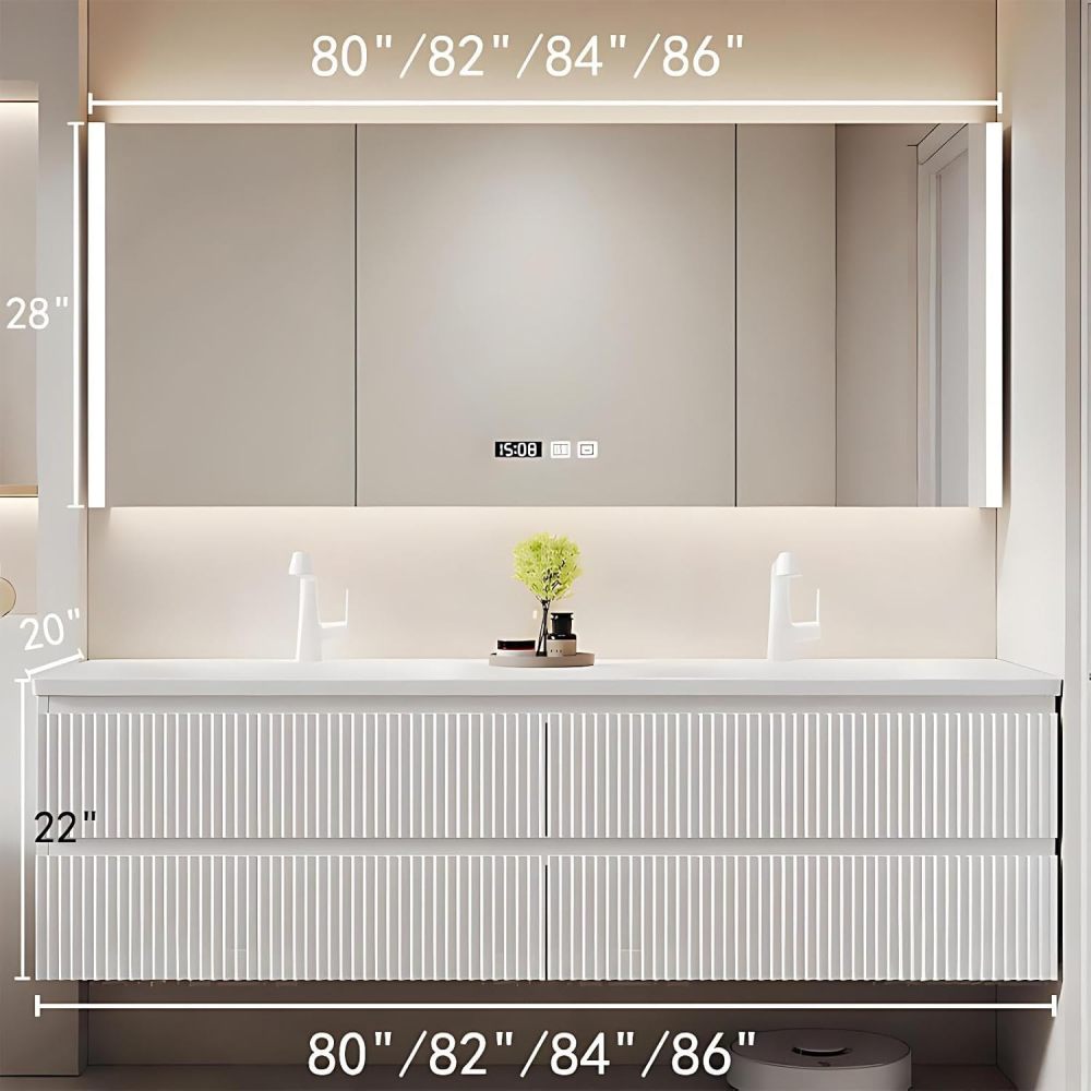 84IN Double Sink Bathroom Vanity - Modern Bathroom Vanity with Smart Defogging Mirror, Simple Sink Cabinet with 4 Drawers & Seamless Sink, No Assembly Required