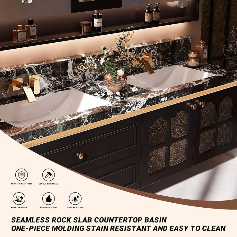 84IN Double Sink Bathroom Vanity - Floating Bathroom Vanity with Smart LED Defogger Mirror & Marble Countertop, Large Storage Cabinet with Glass Door, Includes Accessories, Brown