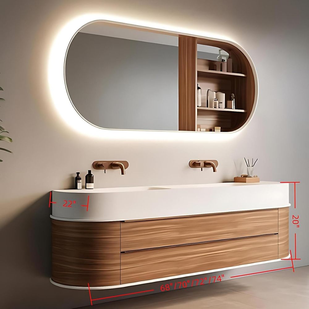 72 inch Double Sink Bathroom Vanity - Bathroom Vanity Set with LED Defogging Mirror, Floating Sink Cabinet and Modern Sensor Light, Soft Closing Drawers, Includes Accessories, Walnut