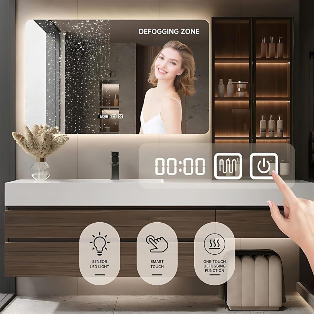 96 inch Bathroom Vanities Sink Set - Floating Bathroom Vanity with Single Sink, Makeup Area & Smart Defog Mirror & Glass Side Cabinet, Includes Accessories & Stool, Brown