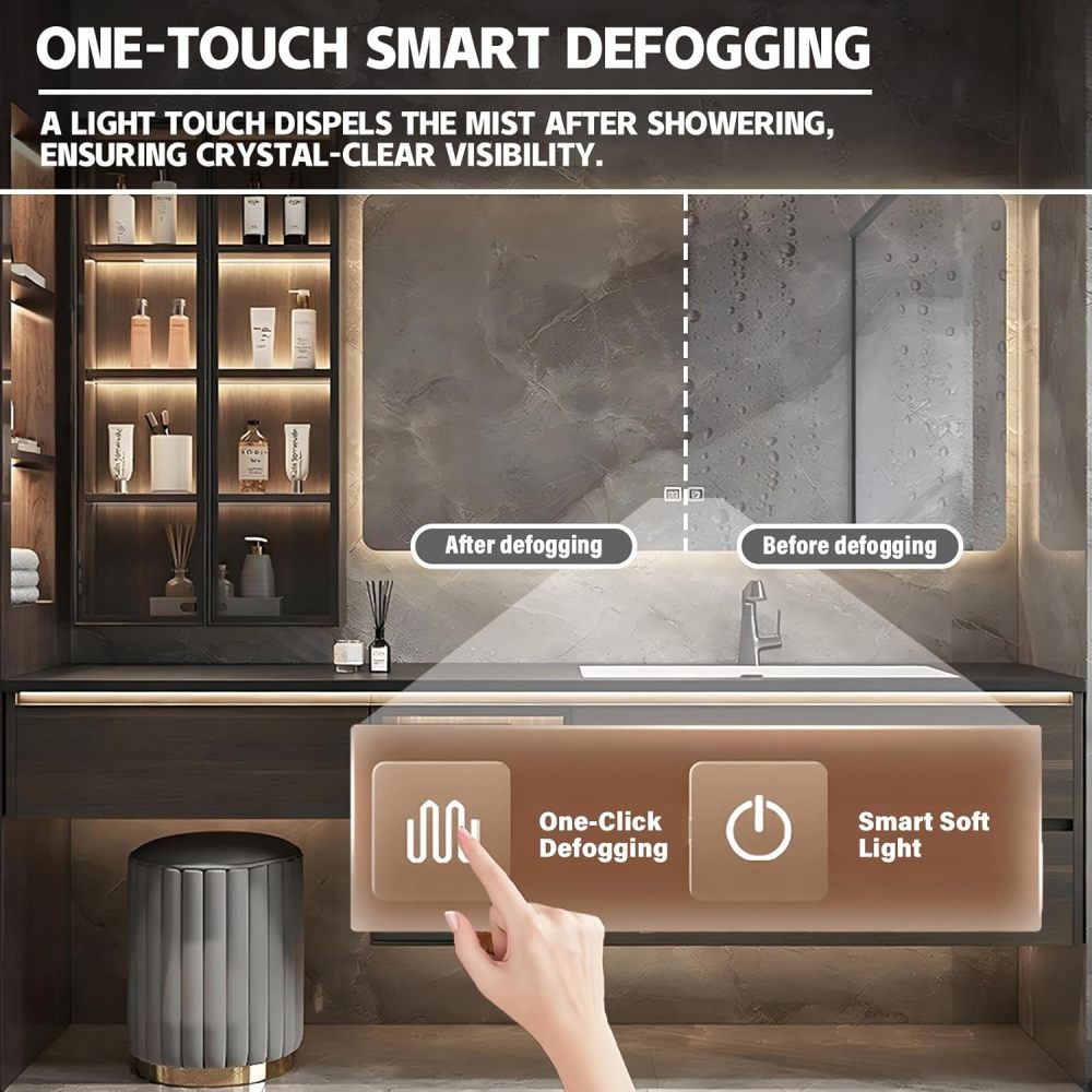 104IN Modern Solid Wood Bathroom Vanity with Sink - Wall-Mounted Floating Vanity Cabinet, Smart Anti-Fog Mirror, 3 Drawers & 1 Cabinet, Stylish Integrated Stone Sink for Bathroom, Mirror.1