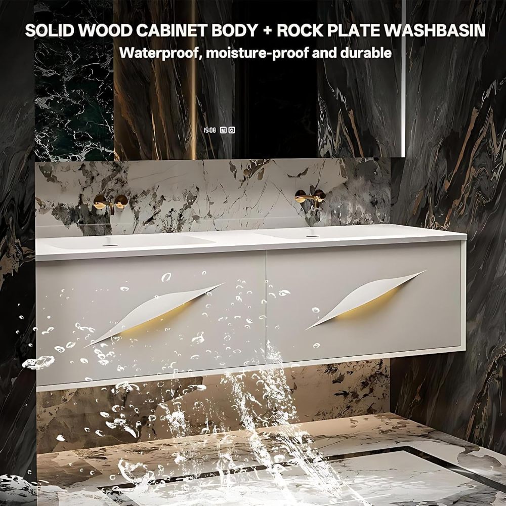 60IN Bathroom Vanity with Sink - Modern Bathroom Vanities Includes Smart Defogging Mirror Cabinet, Large Countertop and One-Piece Sink, Includes Accessories, Customizable, White