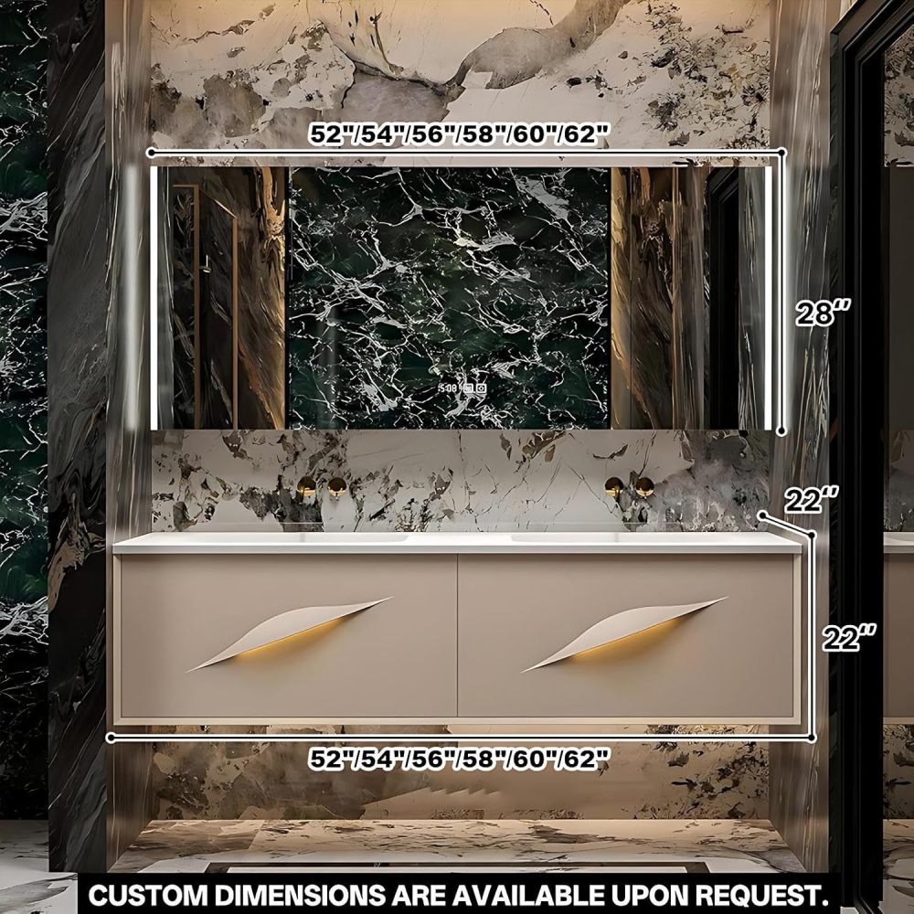 62IN Modern Bathroom Vanity with Sink - Waterproof Bathroom Sink Cabinet with Mirror, Wall-Mounted Vanity, Intelligent Defogging, Solid Wood, Customizable Sizes - Easy to Install, White