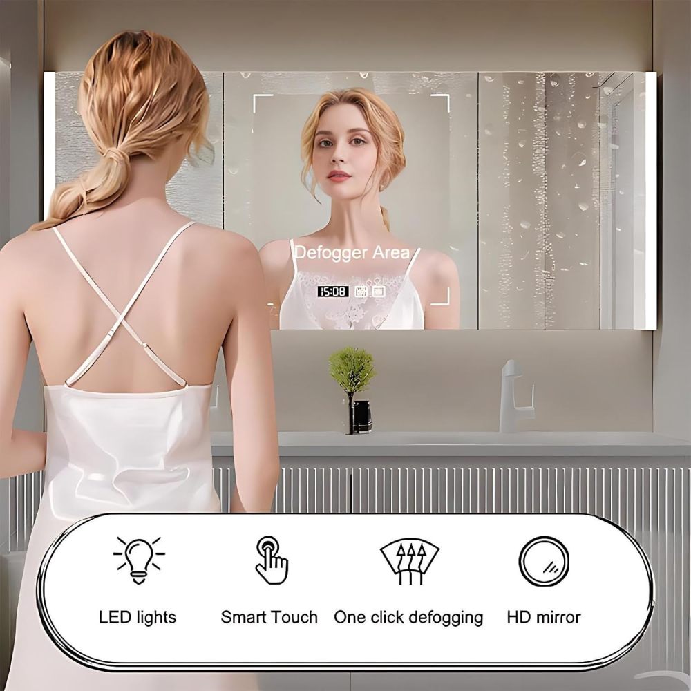 84IN Double Sink Bathroom Vanity - Modern Bathroom Vanity with Smart Defogging Mirror, Simple Sink Cabinet with 4 Drawers & Seamless Sink, No Assembly Required