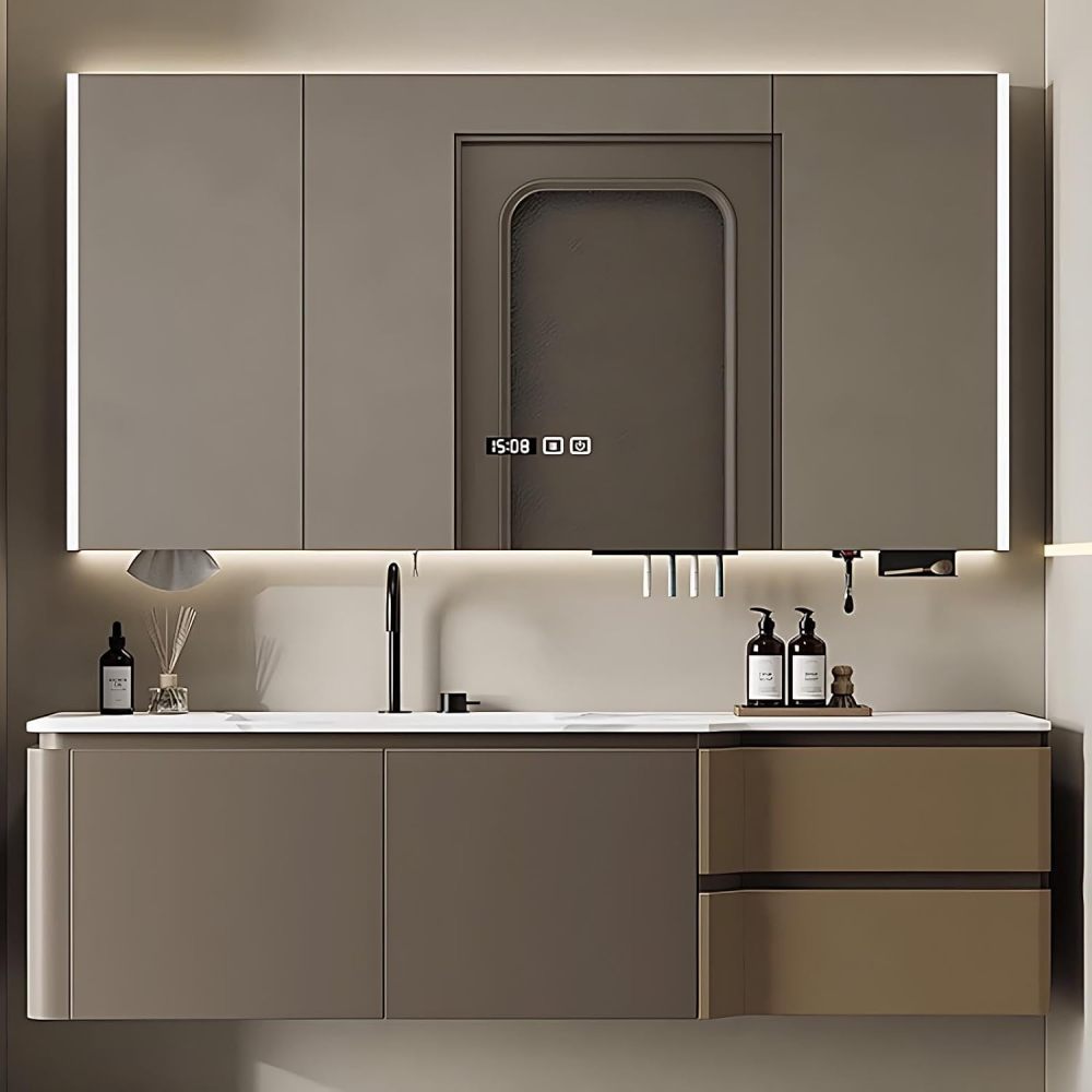 64IN Bathroom Vanity - Solid Wood Bathroom Vanity with Smart Defogging Mirror, Floating Sink Cabinet with Multiple Storage Areas & Seamless Sink, No Assembly Required