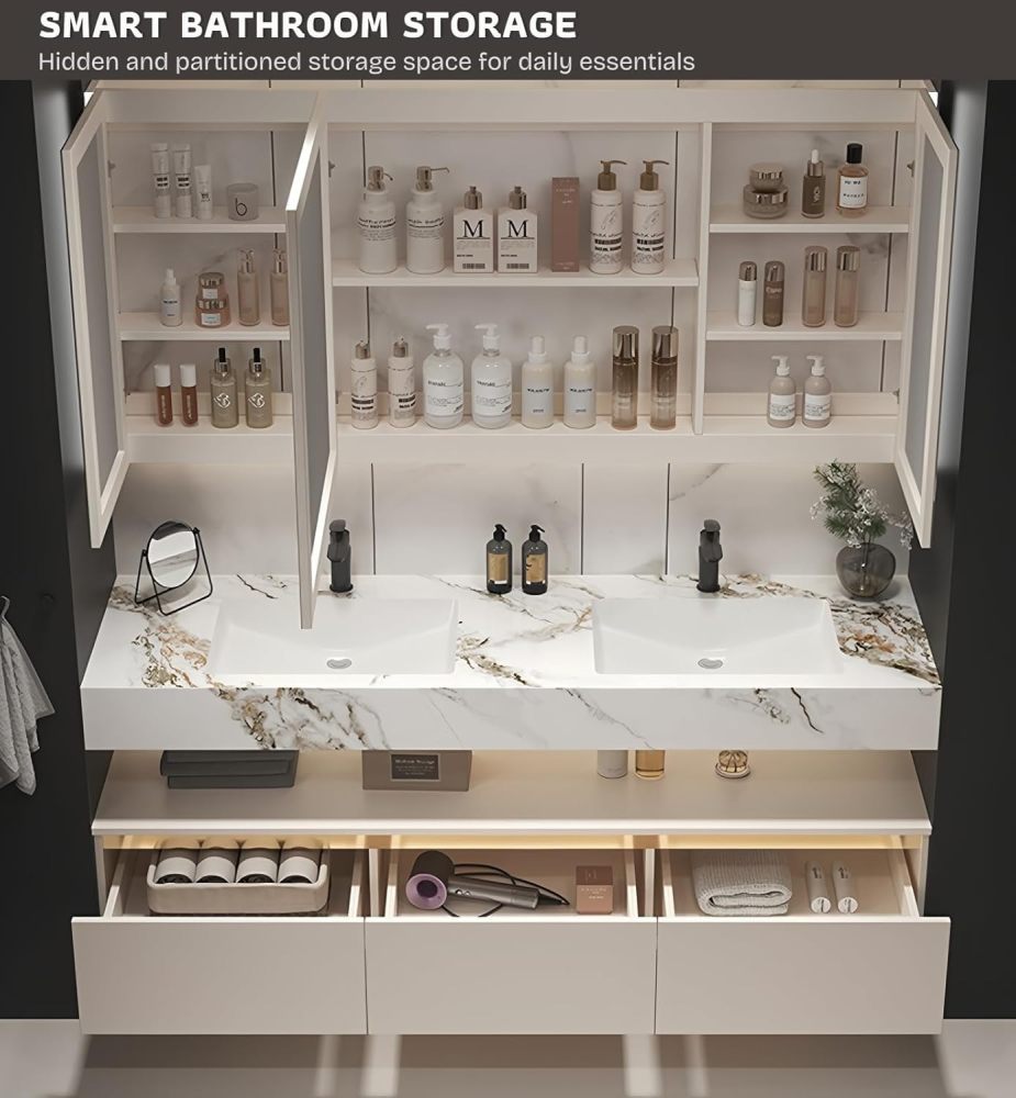56IN Double Sink Bathroom Vanity - Modern Seamless Sink Set, LED Smart Defogger Mirror, Open Storage, Integrated Countertop Design, Includes Accessories, Milk White