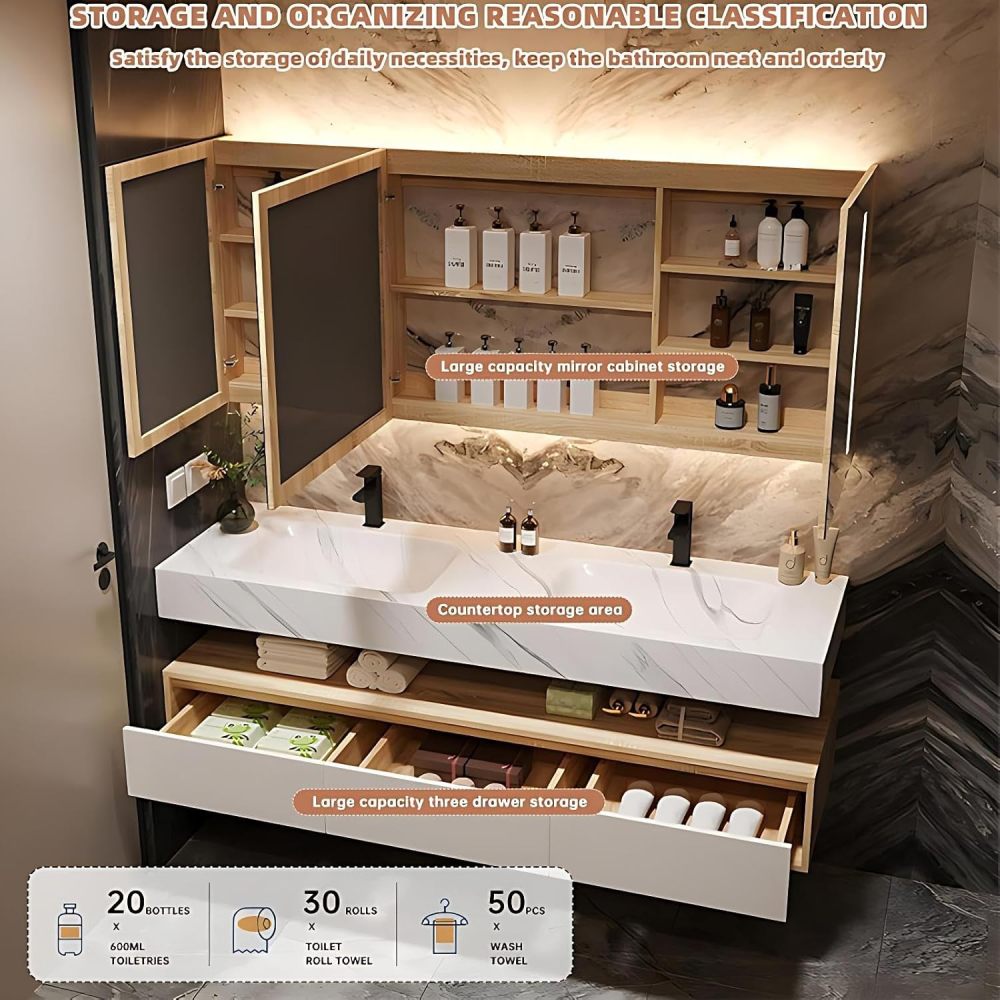 54 inch Double Sink Bathroom Vanity - Modern Bathroom Vanity with LED Smart Anti-Fog Mirror & Open Storage Layer, Drawer & One-Piece Sink, Includes Accessories, Fully Assembled, White