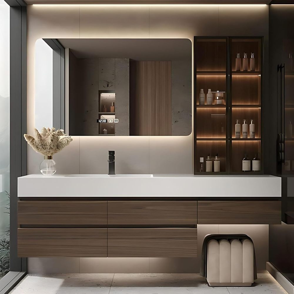 96 inch Bathroom Vanities Sink Set - Floating Bathroom Vanity with Single Sink, Makeup Area & Smart Defog Mirror & Glass Side Cabinet, Includes Accessories & Stool, Brown