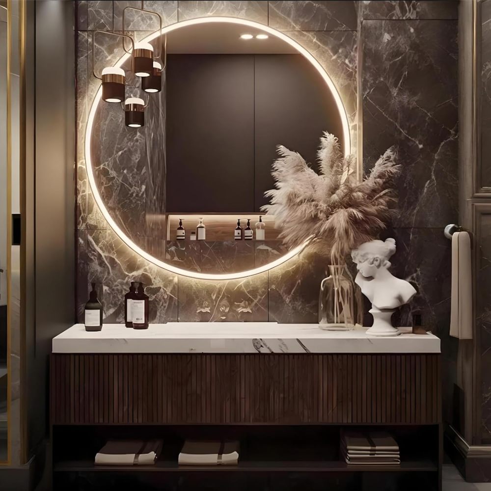 104IN Solid Wood Bathroom Vanity with Sink - Retro Single Floating Sink, Bathroom Vanity Cabinet with Smart Anti-Fog Mirror & Seamless Stone Sink - Customizable Sizes, Brown