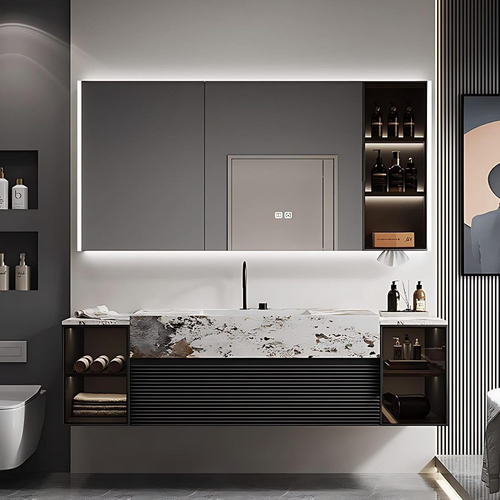 102IN Bathroom Vanity - Luxury Bathroom Vanity with Smart Defog Mirror Cabinet, Floating Sink Cabinet with Multiple Storage Areas & Seamless Sink, No Assembly Required