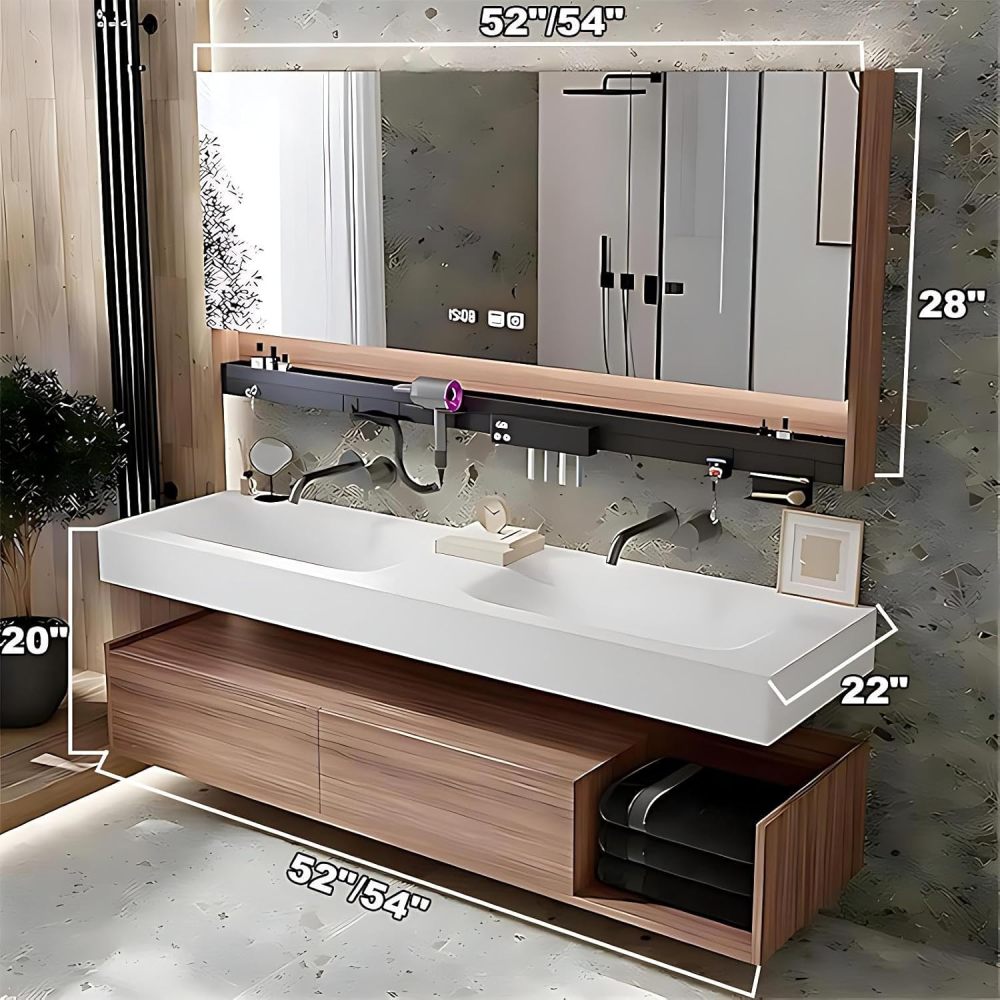 52IN Double Sink Bathroom Vanity - Bathroom Vanities Set Includes One-Piece Basin and Anti-Fog Mirror Cabinet, Multi-Function Shelf, Complete Accessorie, Fully Assembled, White