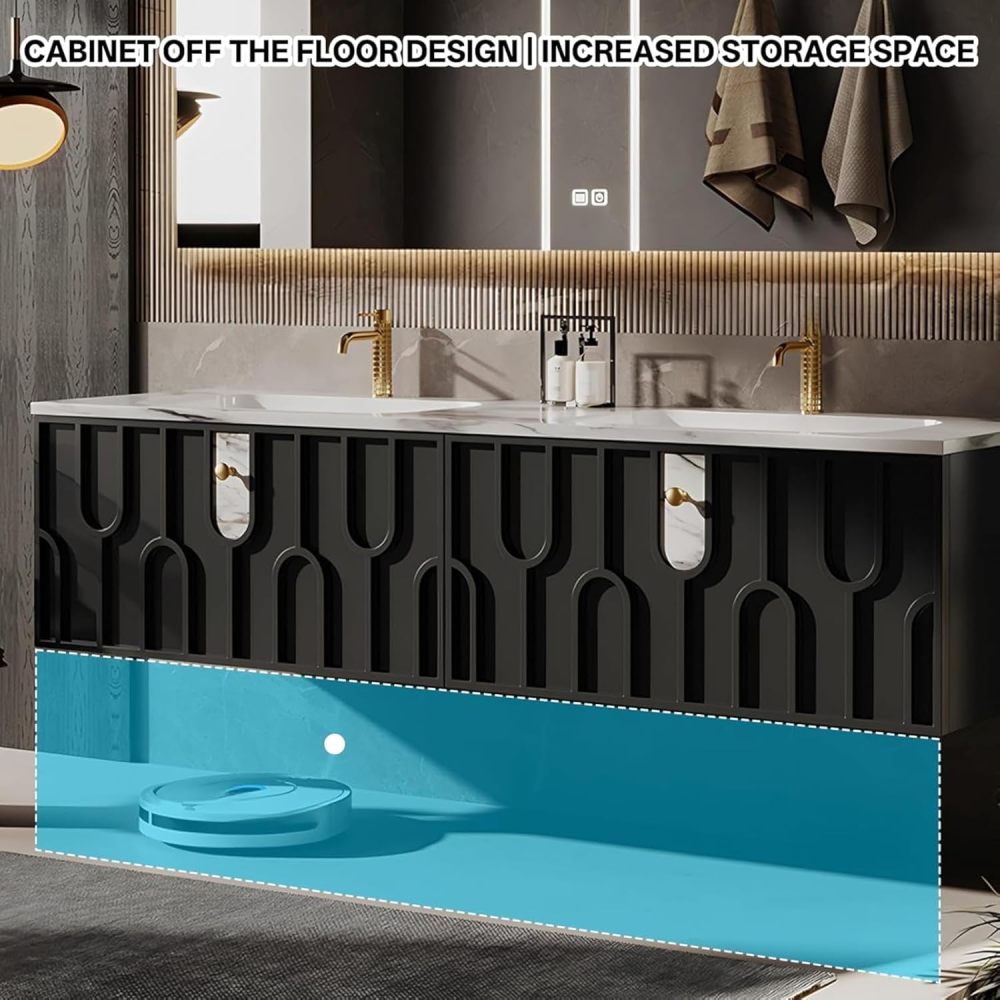 92 inch Bathroom Vanity Sink Set - Bathroom Vanity with Smart Defogging Mirror, Solid Wood Sink Cabinet and Large Countertop, Large Storage Space, Including Accessories, Black