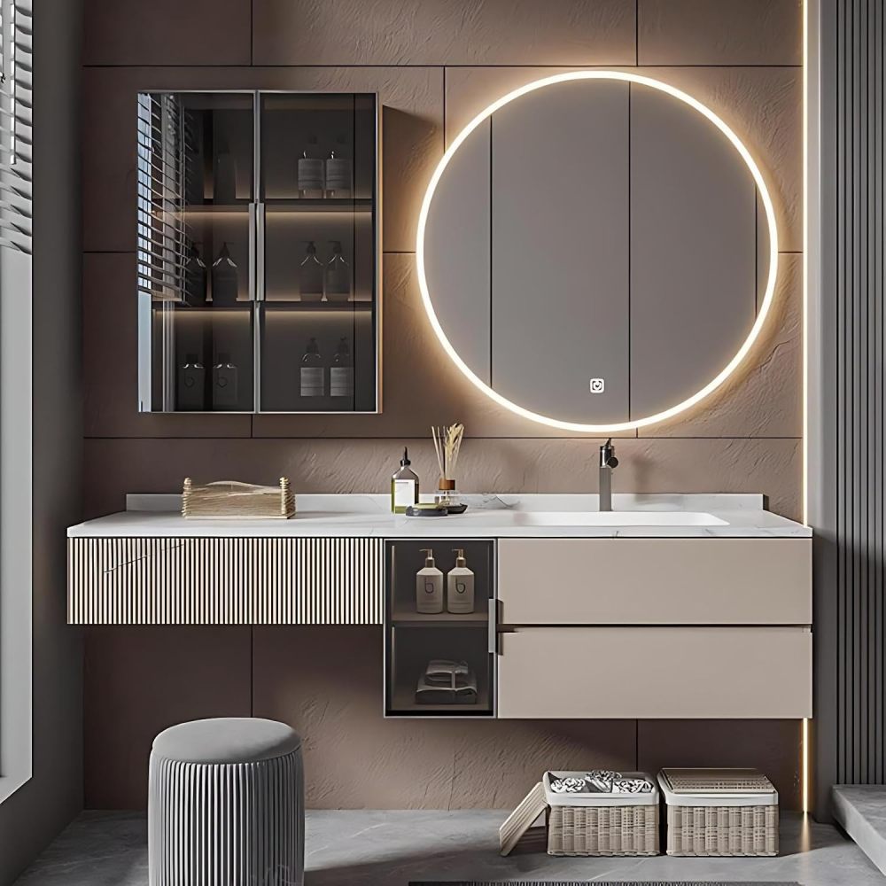 74IN Bathroom Vanity with Sink - Modern Bathroom Vanity with Makeup Vanity & Smart Defog Mirror, Stylish Sink Cabinet with Storage, Includes Makeup Stool, No Assembly Required, Off - White