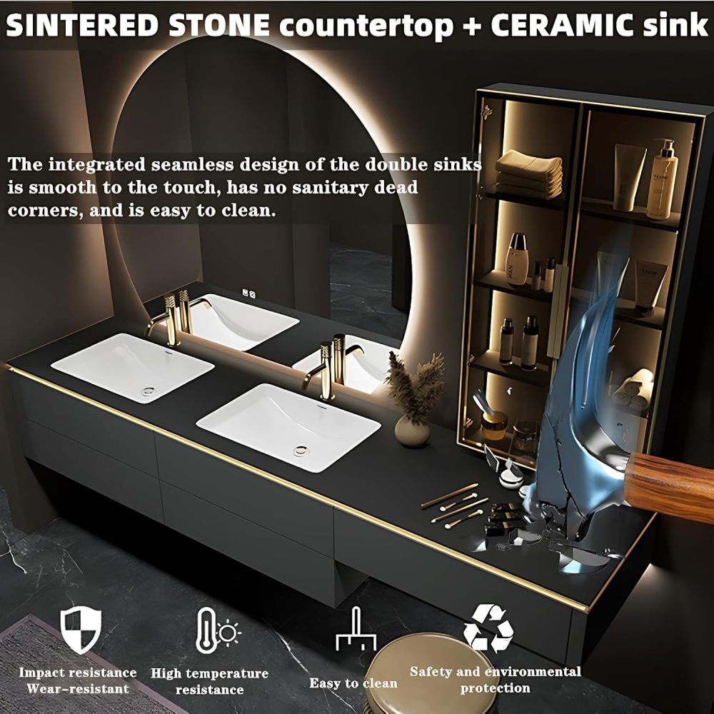 Bathroom Vanity with Sink - Double Sink Bathroom Vanity Cabinet Set, Modern Floating Vanity & LED Demister Mirror, Wall Mounted, with Faucet Accessories (56",Dark Green)