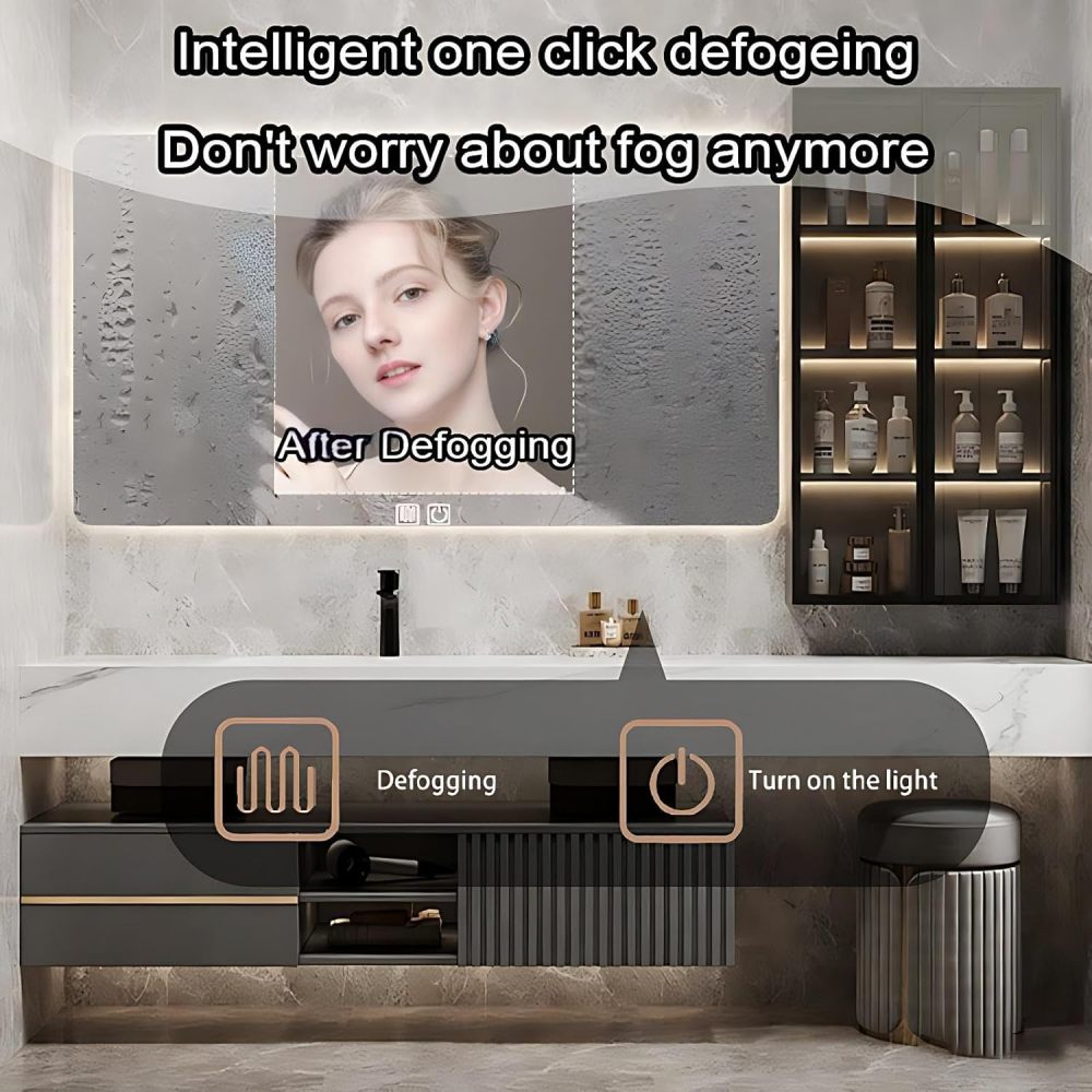 92IN Bathroom Vanity - Modern Bathroom Vanity with Multiple Storage Areas, Floating Sink Cabinet with Smart Defog Mirror, Includes Makeup Stool, No Assembly Required, Gray
