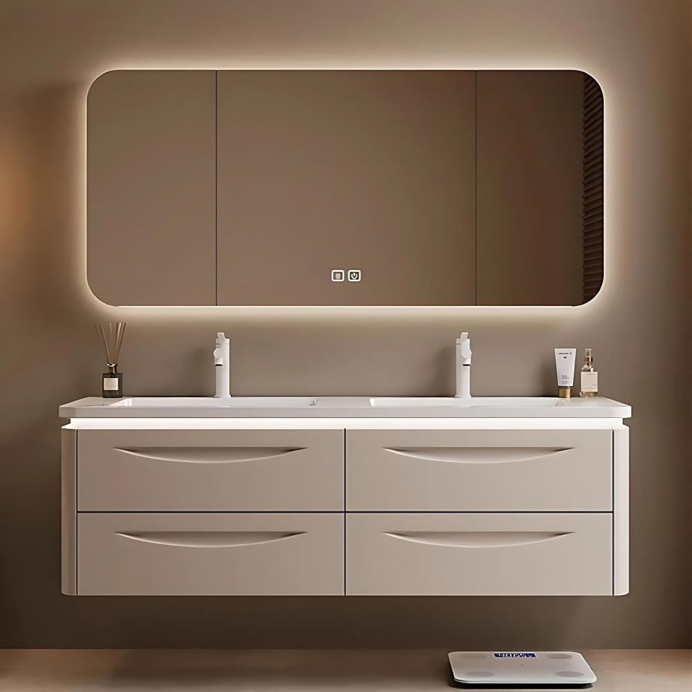 54IN Double Sink Bathroom Vanity - Modern Bathroom Vanity with Smart Defog Mirror, Floating Sink Cabinet with 4 Large Capacity Drawers, No Assembly Required