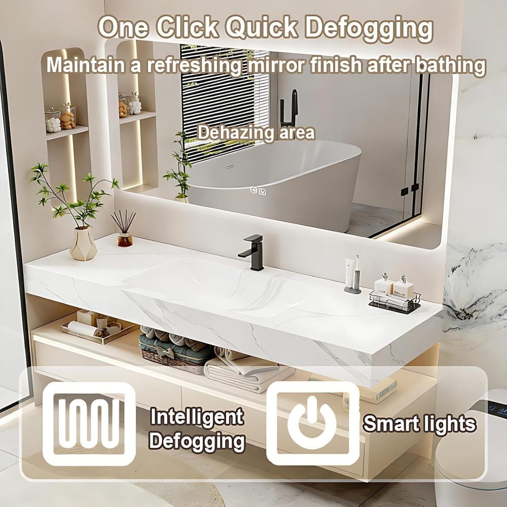 74IN Bathroom Vanity with Sink - Modern Floating Single Sink Vanity Cabinet & Defogger Mirror, One-Piece Sink Design, Solid Wood Waterproof, Motion-Sensitive Lighting, Customizable Sizes