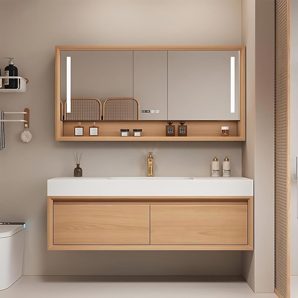 92 inch Bathroom Vanity with Sink - Modern Bathroom Vanity Set Includes LED Smart Defogging Mirror Cabinet, Floating Vanities with One Piece Sink, Includes Accessories, Wood