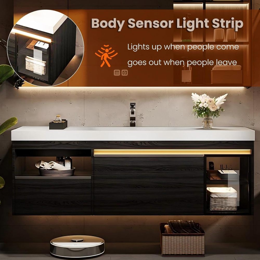 60IN Modern Solid Wood Bathroom Vanity with Sink - Stylish Bathroom Vanity Cabinet with Anti-Fog Mirror, Single Floating Sink DesignIntegrated Stone Sink, Customizable Sizes, Black
