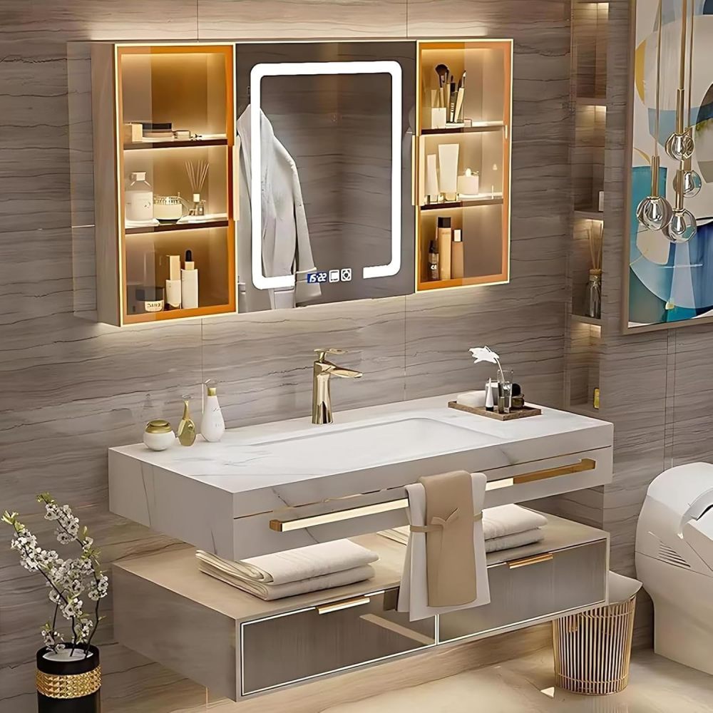 98IN Modern Solid Wood Bathroom Vanity with Sink - Stylish Bathroom Vanity Cabinet with Smart Anti-Fog Mirror, Integrated Stone Sink, Ample Storage & Customizable Sizes, Single Sink