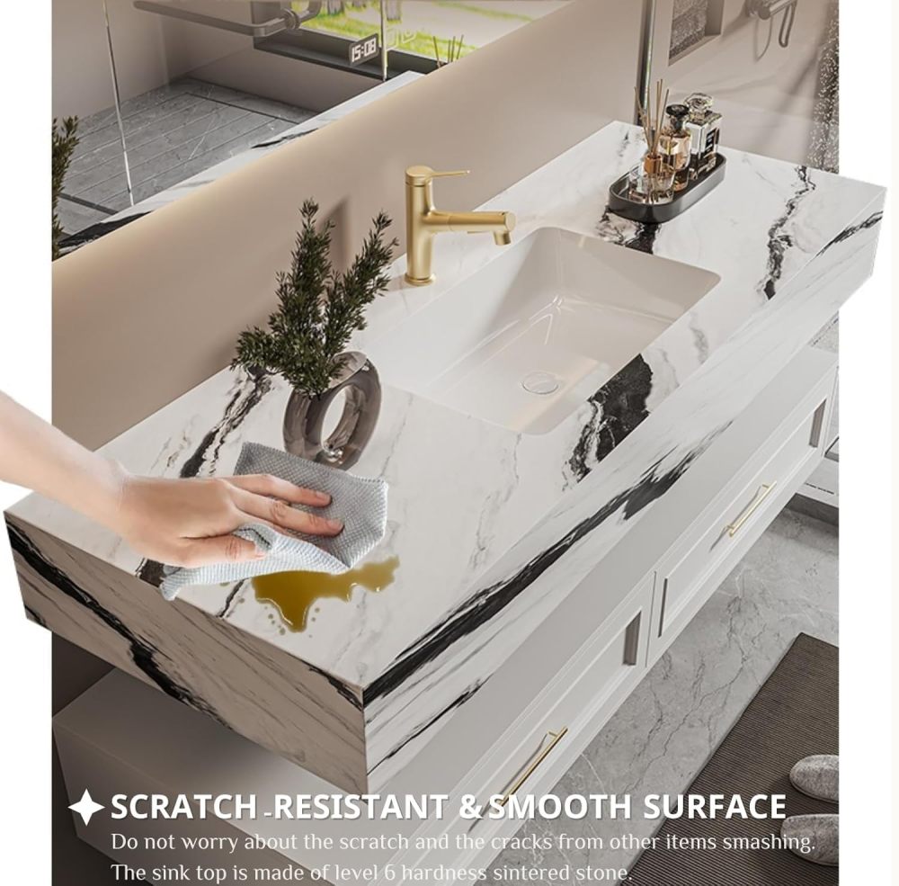 48IN Bathroom Vanity with Sink - Floating Vanity Sink Cabinet with Marble Countertop & Integrated Basin, Defog Mirror, Oak Solid Wood Vanity with Drawers, Includes Accessories, Marble White
