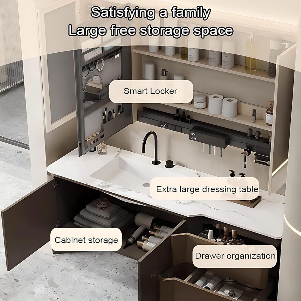 64IN Bathroom Vanity - Solid Wood Bathroom Vanity with Smart Defogging Mirror, Floating Sink Cabinet with Multiple Storage Areas & Seamless Sink, No Assembly Required