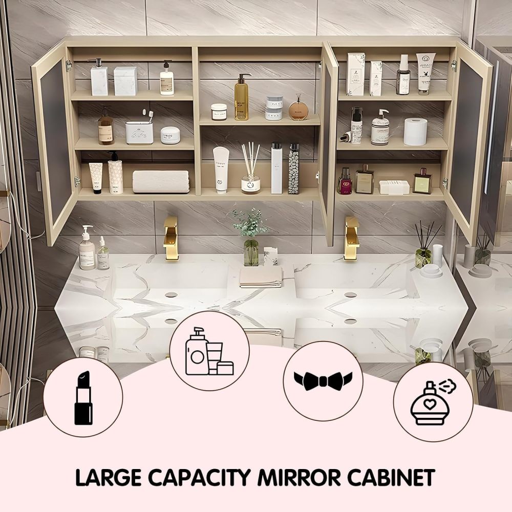 92 inch Double Sink Bathroom Vanity - Luxury Floating Sink Cabinet, Solid Wood Bathroom Vanity with LED Defog Mirror and Large Storage Striped Cabinet, Includes Accessories, Gold
