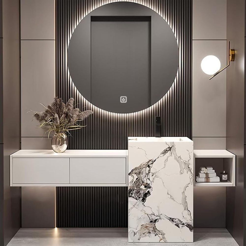 80IN Bathroom Vanity with Sink - Freestanding Bathroom Vanity with Marble Sink, Smart Defogger Round Mirror, Solid Wood, Unique Design, Open Shelves, Includes Accessories, Wood Shelf