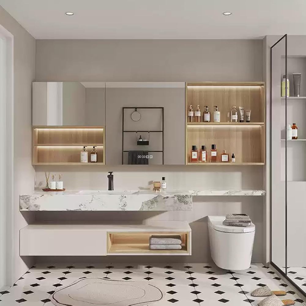 82IN Bathroom Vanity with Sink - White Bathroom Vanity Cabinet with Extension Strip&Smart Defog Mirror, Single Floating Sink Design, Customizable Size - Complete Accessories, Cabinet Mirror A