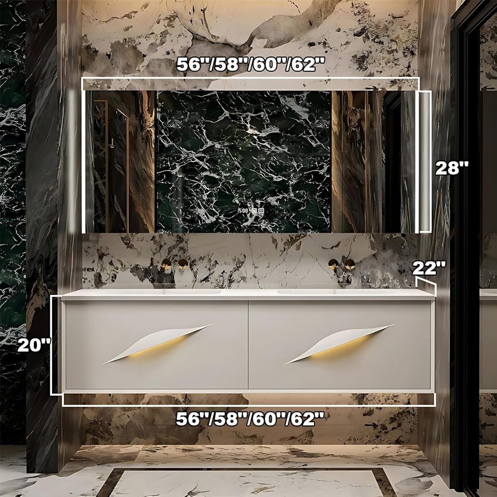 60IN Bathroom Vanity with Sink - Modern Bathroom Vanities Includes Smart Defogging Mirror Cabinet, Large Countertop and One-Piece Sink, Includes Accessories, Customizable, White